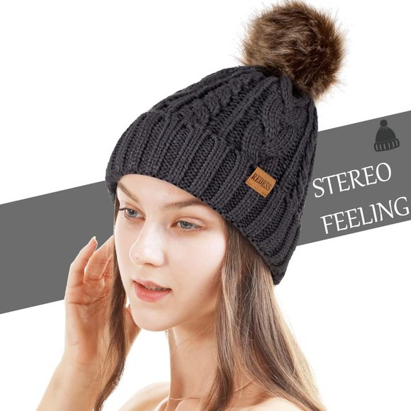 Womens Winter Warm Fleece Lined Knitted Soft Ski Cuff Beanie Hat with Pom Pom - Picture 2 of 6